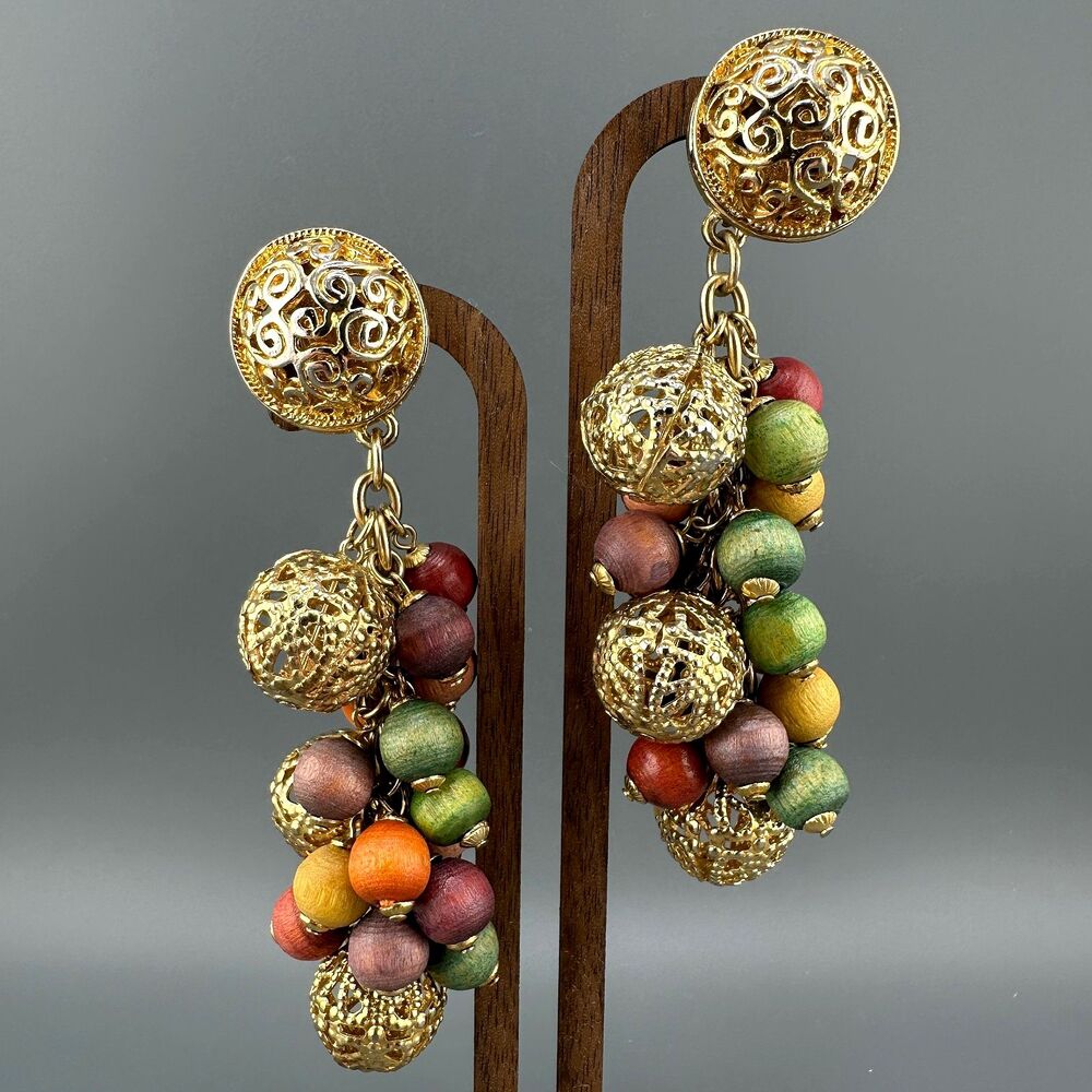 Vintage Filigree Ball Earrings Gold Tone Dangle Cluster Multicolor Wood Bead